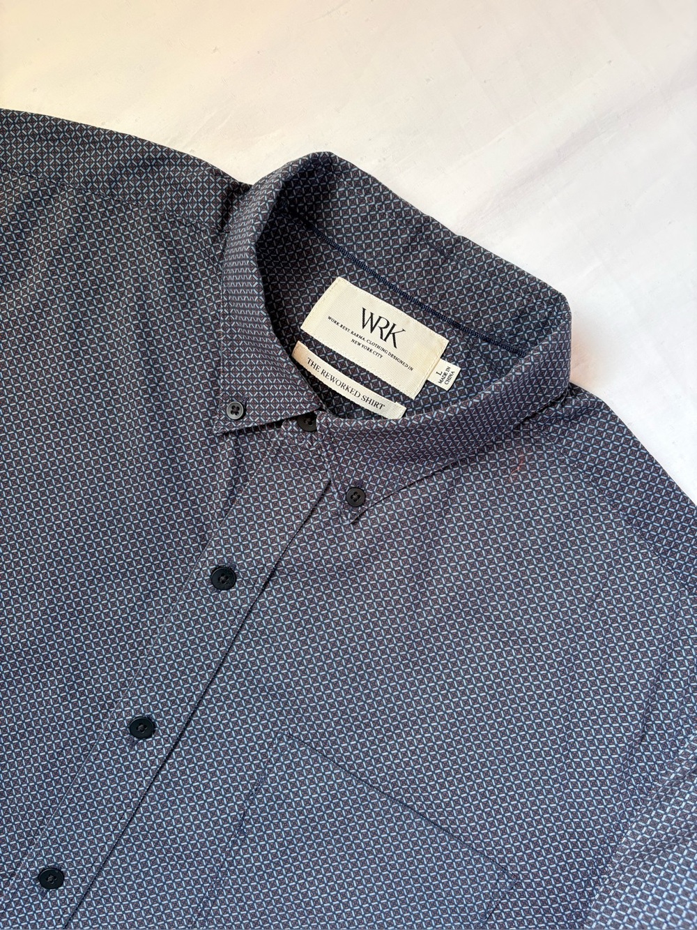 WRK The Reworked Shirt Men’s Large Blue Geometric Print Modern Fit Button Down